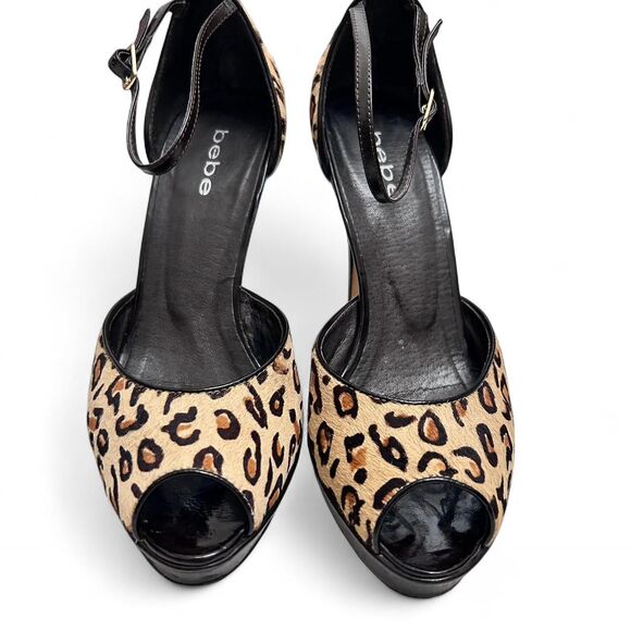 Bebe Animal Print and Brown Platform Ankle Strap Peep Toe High Heels - Size 9 - Picture 2 of 8